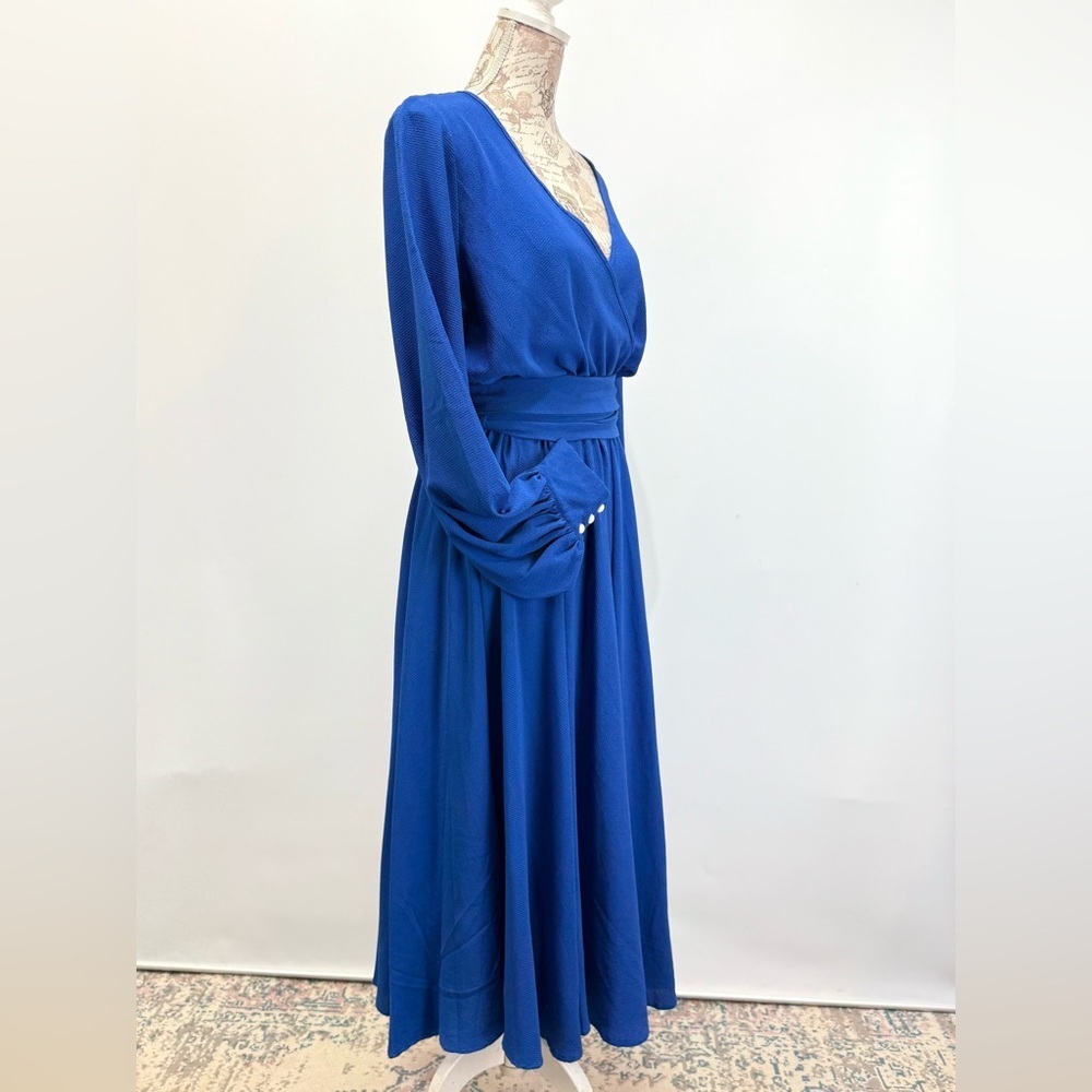 MEGHAN L.A. Royal blue long sleeve faux wrap FABULOUS LILYPAD midi dress size L. - Picture 9 of 16